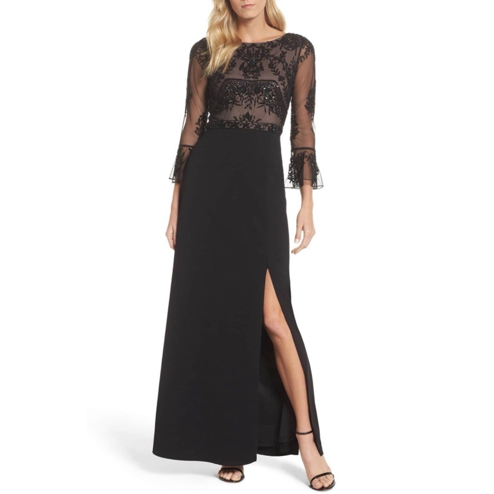 Adrianna Pappel crepe gown with sheer bead embroidered ruffle bell sleeve